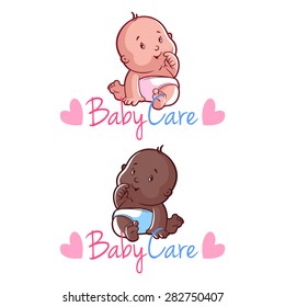 Two toddler in white diapers. Vector cartoon character on white background. Caucasian and african american babies. Baby care logo template with hearts.