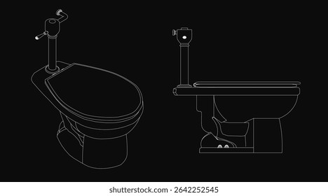 Two toilets sketched in black and white, one featuring a toilet seat and the other a flush tank, set against a dark, moody background. The minimalist line art creates a mysterious and slightly.