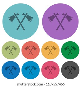 Two tomahawks darker flat icons on color round background