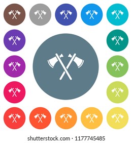 Two tomahawks flat white icons on round color backgrounds. 17 background color variations are included.