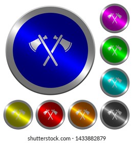 Two tomahawks icons on round luminous coin-like color steel buttons