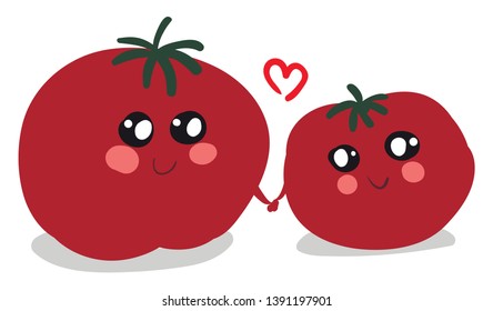 Zwei Tomaten, verliebt, Vektorgrafik auf weißem Hintergrund 