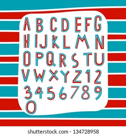 two tone alphabet red and blue on stripe background