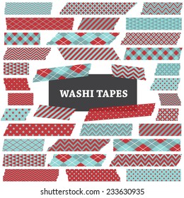 Two Tone Aqua Blue and Red Washi Tape Strips. Semitransparent. Photo Frame Border, Clip Art, Scrapbook Embellishment. Argyle, Gingham, Stars, Polka Dot and Stripes. Global colors used in vector file. 