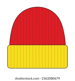 Two Tone Beanie Hat With Red-Yellow Design On White Background, Vector File