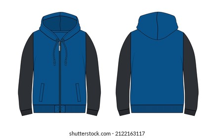 Two tone Black, blue Color long sleeve hoodie with Zipper technical fashion Drawing sketch template front and back view. apparel dress design vector illustration mock up jacket CAD. 