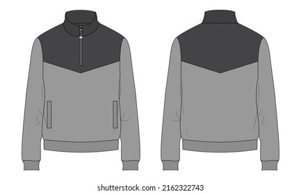 Two tone Black and grey color Long sleeve sweatshirt technical fashion flat sketch vector illustration template front and back views isolated on white background.