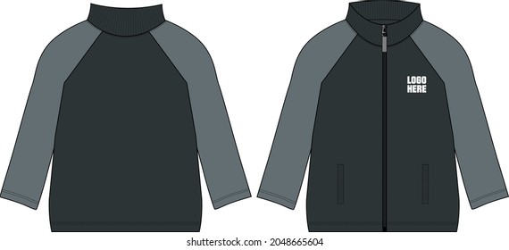Two tone Black, grey Long sleeve sweatshirt Jacket with chest cut and saw technical fashion flat sketch vector illustration template front, back views Fleece cotton jersey Apparel clothing mock up CAD