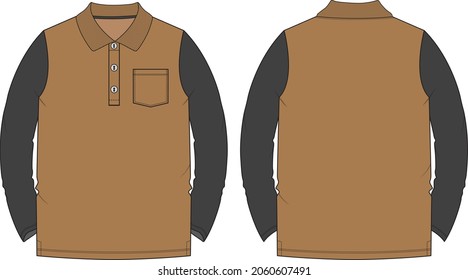 Two tone Black and khaki color  Long sleeve Basic Polo T-shirt With pocket   technical fashion flat sketch vector Illustration Mock up template front and Back views isolated on white Background.