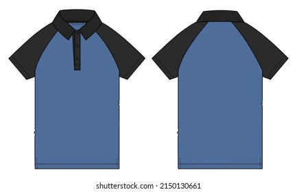 Two tone Black and navy blue Color Short sleeve raglan Polo shirt Technical fashion flat sketch vector illustration template front and back views. Apparel Polo t shirt Design Mock up Cad.