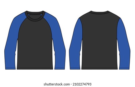 Two tone Black, Navy color long sleeve Raglan T shirt technical fashion flat sketch vector Illustration template front, back views isolated white Background. Basic apparel Design Mock up CAD.
