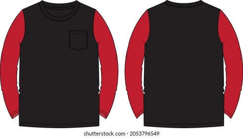 Two tone Black, Red color Long sleeve  T shirt overall technical fashion flat sketch vector Illustration template front and back views isolated on white. Basic apparel Design Mock up for Men's