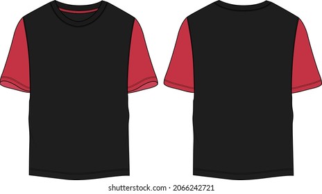 Two tone black, red Color Regular fit short Sleeve basic T shirt Technical Fashion Flat sketch Vector Illustration Template Front, back views. Apparel design Mock up drawing illustration. 