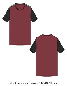 Dos tonos Negro, Rojo Color de manga corta técnica de la camiseta de la camiseta de la moda plana plantilla de vector de esbozo plano. El diseño de ropa de la camiseta de algodón se burla por delante, por detrás. Cad unisex masculino
