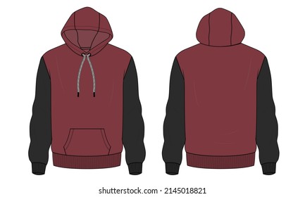 Two tone Black and red Color Long Hoodie technical fashion flat sketch vector illustration template front and back views. Fleece cotton jersey sweatshirt hoodie mock up for men's and boys.