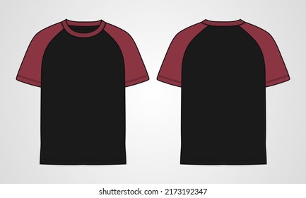 Dos tonos Negro, Rojo Color de la manga corta Raglan Camiseta técnica de dibujo plano vector de la plantilla Ilustración frontal, retrospectiva vista aislado fondo blanco. Diseño de prendas de vestir básicas Modelo CAD.