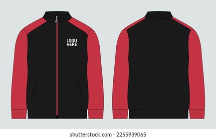 Two tone black and red color Long sleeve zipper with pocket tracksuits jacket sweatshirt technical fashion flat sketch vector illustration template front and back view.  