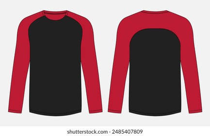 Two tone black and red color long sleeve t shirt flat style vector illustration isolated on white background. Apparel design mock up cad for men's