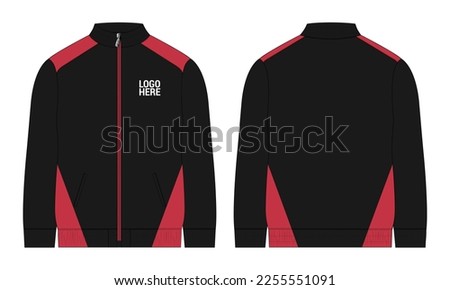 Two tone black and red color Long sleeve zipper with pocket tracksuits jacket sweatshirt technical fashion flat sketch vector illustration template front and back view.  