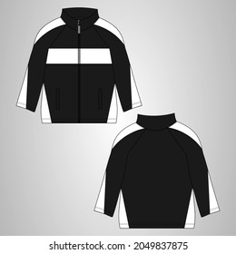 Two tone black, white long sleeve jacket with chest stripe overall technical fashion flat sketch drawing clothing vector illustration template front, back views. Warm up Apparel sweat jacket mock up.