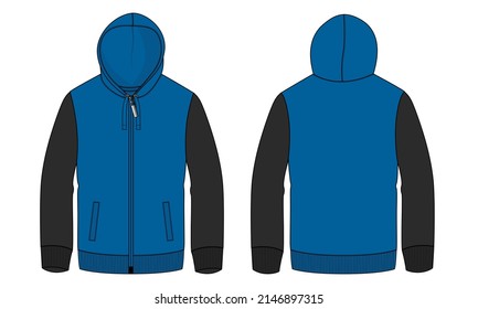 Two tone blue and black Color Long sleeve  Hoodie technical fashion flat sketch vector illustration template front and back views. Fleece cotton jersey sweatshirt hoodie mock up for men's and boys.