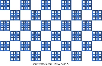 Two tone blue block strip grid checkerboard repeat pattern, replete image, block design for fabric printing, racing chessboard