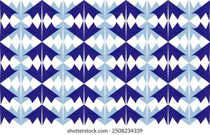 Two tone blue seamless geometric, blue pattern of up and down triangles block, bat wing repeat arrow in blue replete image design for fabric printing, patter