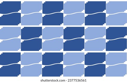 Two tone of blue and white block star and curve continue as stripes seamless repeat pattern, replete image design for fabric printing Chessboard