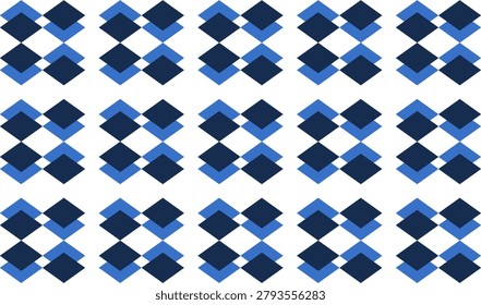 two tone blue and white diamond overlap repeat vertical strip pattern, checkerboard, replete image design for fabric printing