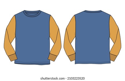 Two tone Blue, yellow color Long sleeve T shirt overall technical fashion flat sketch vector Illustration template front and back views isolated on white. Basic apparel Design Mock up for Men's
