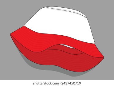Sombrero de cubo de dos tonos con diseño blanco-rojo sobre fondo gris, archivo vectorial