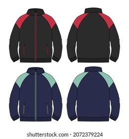 Two tone color With Cut and Saw jacket Sweatshirt  technical fashion  flat sketch vector  illustration template front back. Apparel Sweat Jacket Flat drawing black, navy color  mock up.