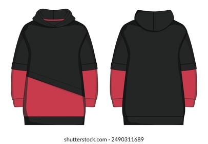 Two tone color Knee length hoodie technical drawing fashion flat sketch vector illustration template for women's