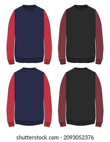 Two tone color Long sleeve Sweatshirt overall fashion Flat Sketch technical drawing vector template For men's. Apparel dress design mockup CAD illustration. Cotton Fleece jersey sweatshirt. 