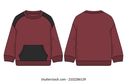 Two tone color Long sleeve Sweatshirt overall fashion Flat Sketch technical drawing vector template For men's. Apparel dress design mockup CAD illustration. Cotton Fleece jersey sweatshirt. 