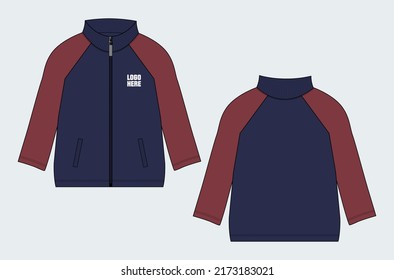 Two tone color long sleeve jacket vector illustration navy color template front and back views 