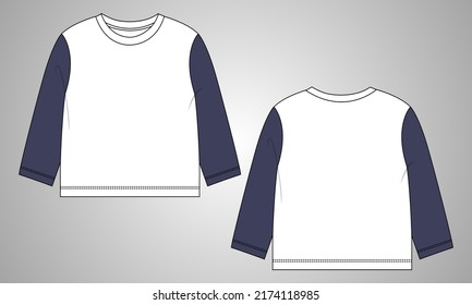 Two Tone Color Long Sleeve T Shirt Tops Dress Design Overall Technical Fashion Flat Sketch Vector Illustration Template Front And Back View. Clothing Design Templates For Kids.
