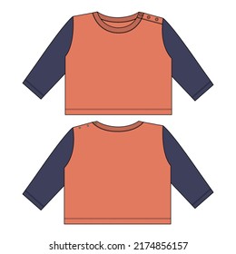 Two tone Color Long sleeve t shirt tops  technical fashion sketch vector illustration template front and Back view. Clothing design templates for kids.
