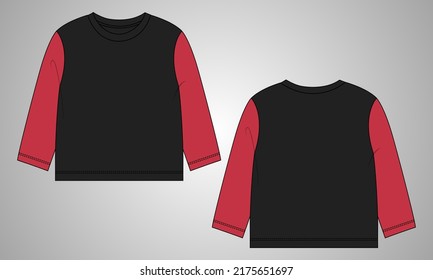  Two tone Color Long sleeve T shirt dress design overall technical fashion sketch vector template front and Back view. Clothing design templates for kids.
