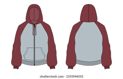 Two tone Color Long sleeve hoodie with Zipper technical fashion Drawing sketch template front and back view. apparel dress design vector illustration mock up jacket CAD. Easy edit and customizable.
