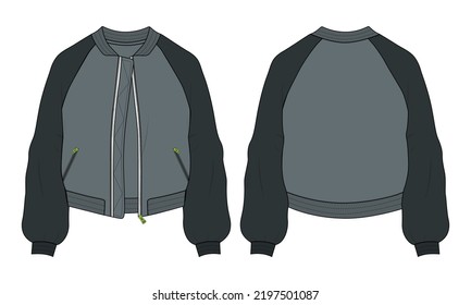 Two tone Color Long sleeve   zipper   pocket jacket overall fashion technical flat sketch vector template in windcheater front   back view  Apparel Jacket Flat drawing vector mock up 
