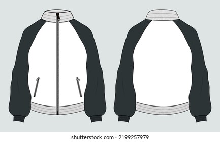 Two tone Color Long sleeve with zipper and pocket jacket sweatshirt technical fashion flat sketch vector illustration template. Apparel sweater Jacket Flat drawing vector mock up CAD.