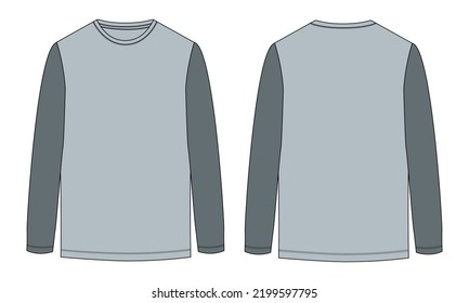 Two tone Color long Sleeve t shirt technical fashion flat sketch vector illustration template front and back views. Apparel design mock up Cad easy edit and customizable