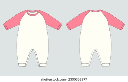 Two tone Color Long sleeve romper bodysuit technical drawing fashion flat sketch vector illustration template for kids.