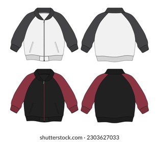 Two tone Color Long sleeve jacket with pocket and zipper technical fashion flat sketch vector illustration template front and back views. Fleece jersey sweatshirt jacket for men's and boys.
