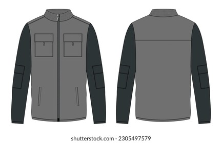 Chaqueta de manga larga de dos tonos con vistas frontal y posterior de la plantilla de ilustración vectorial de boceto plano de diseño técnico de bolsillo y cremallera. Chaqueta de sudadera de jersey de lana para hombres y niños.