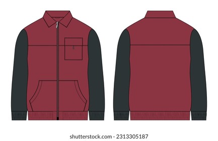 Two tone color Long sleeve jacket with pocket and zipper technical fashion flat sketch vector illustration template front and back views. Fleece jersey sweatshirt jacket for men's and boys.
