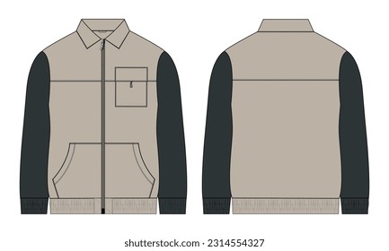 Two tone color Long sleeve jacket with pocket and zipper technical fashion flat sketch vector illustration template front and back views. Fleece jersey sweatshirt jacket for men's and boys.