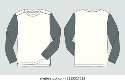 Two tone color long sleeve t shirt technical drawing fashion flat sketch vector illustration black color template front and back views isolated on white background