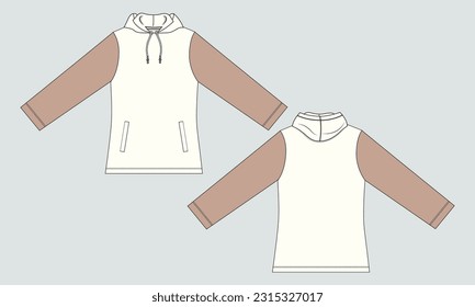 Two tone color long sleeve hoodie technical drawing fashion flat sketch vector illustration template front and back views